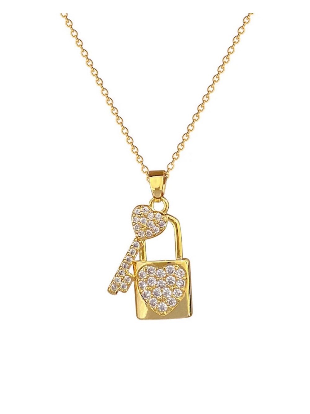 Gold Heart Lock and Key Pendant Necklace